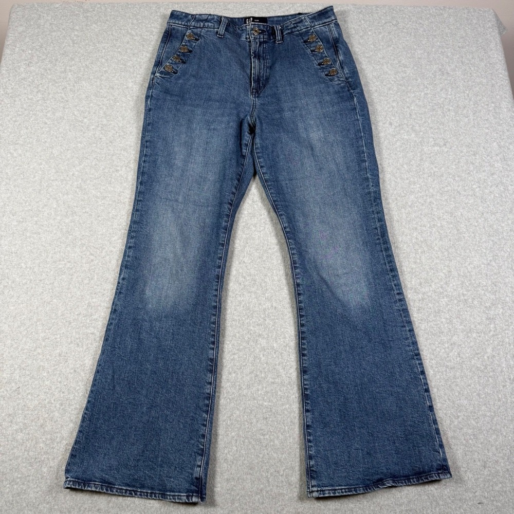 Gap Denim 70s Flare Jeans Blue Medium Wash Sailor Button High Rise 12/31R Retro